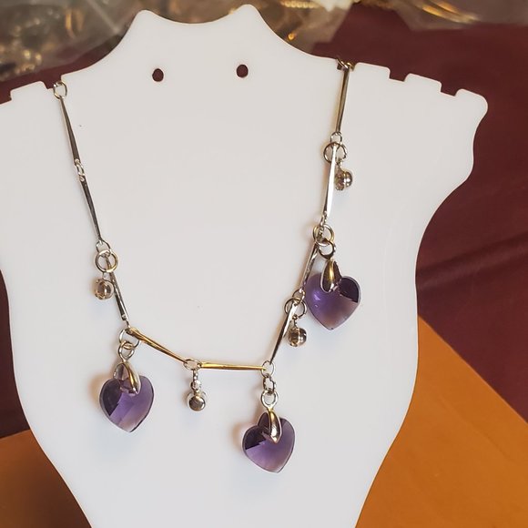 11" Silver Tone Purple Glass Heart Charms Anklet - Picture 3 of 3